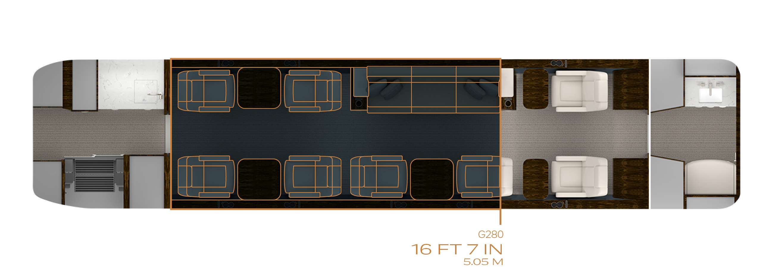 Floor plan with eight single-person chairs and one three-person divan compared to G280