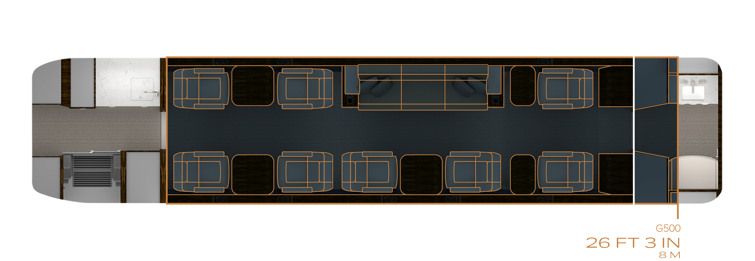 Floor plan with eight single-person chairs and one three-person divan compared to G500