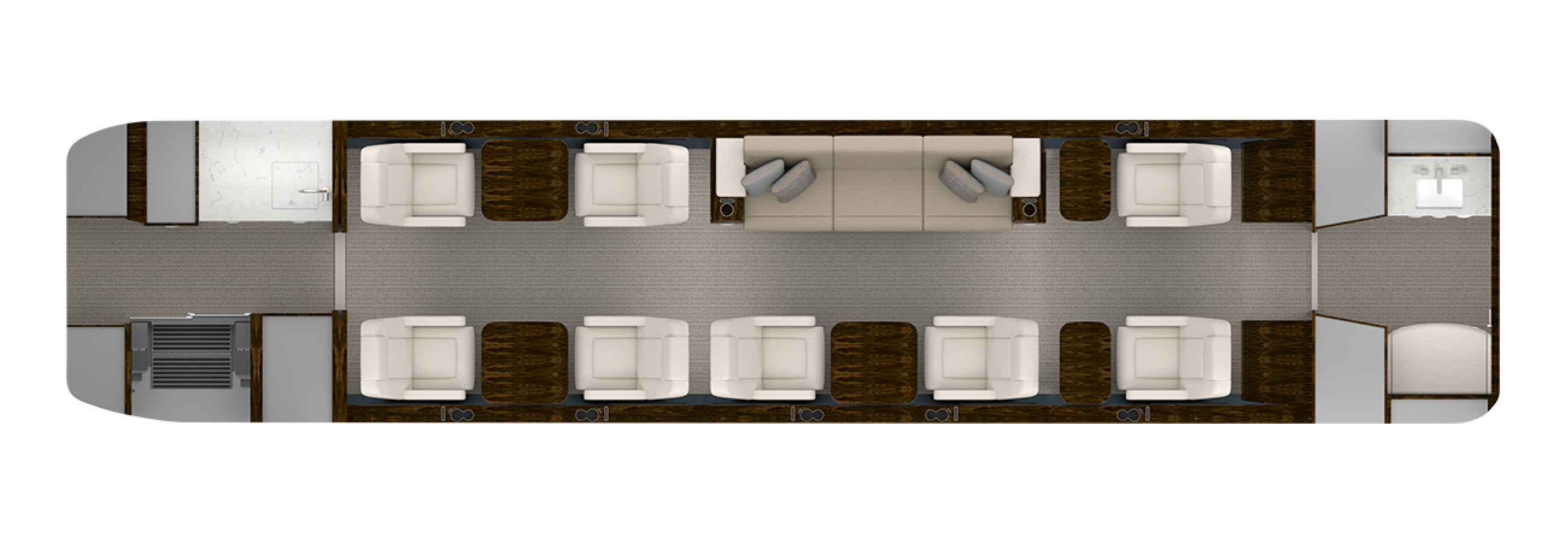Floor plan with eight single-person chairs and one three-person divan