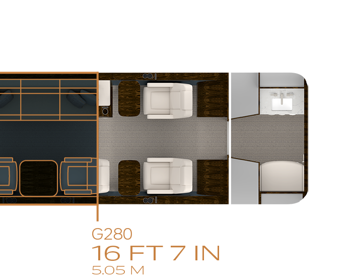 Floor plan with eight single-person chairs and one three-person divan compared to G280