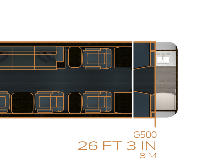 Floor plan with eight single-person chairs and one three-person divan compared to G500