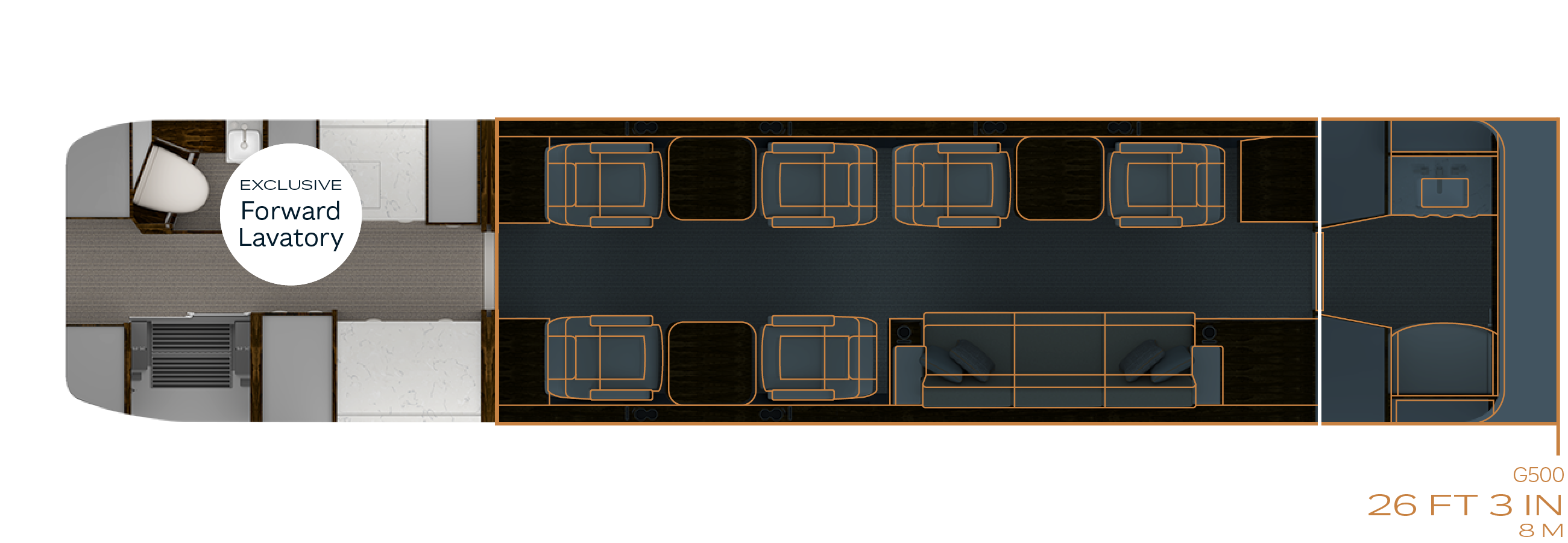 Floor plan with six single-person chairs and one three-person divan compared to G500
