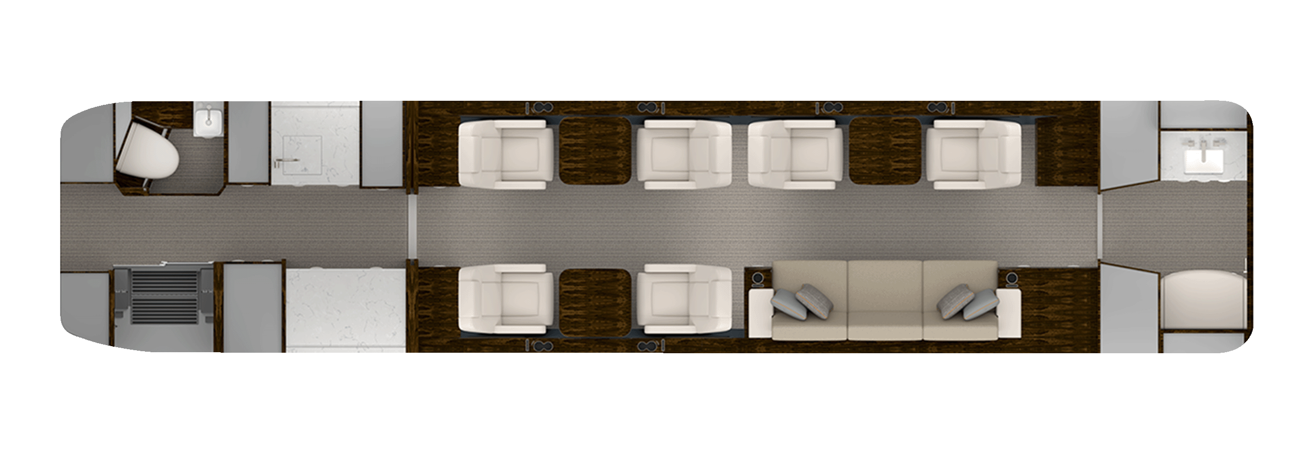 Floor plan with six single-person chairs and one three-person divan