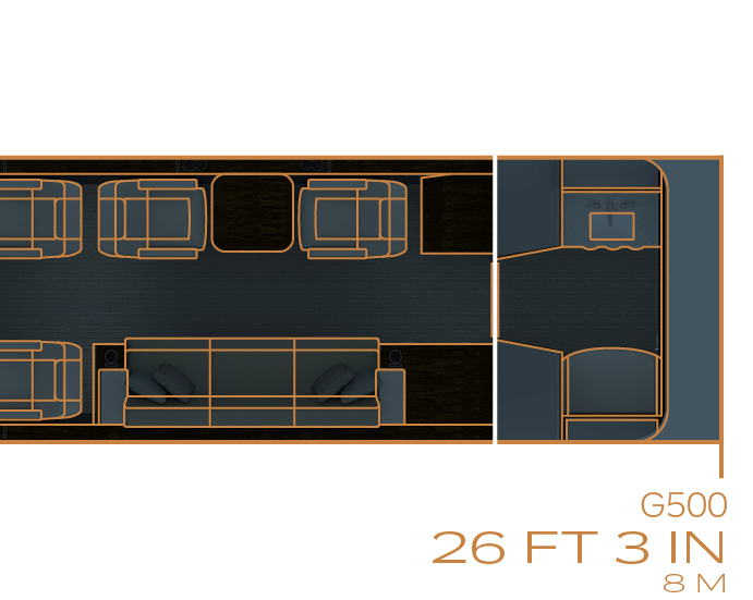 Floor plan with six single-person chairs and one three-person divan compared to G500